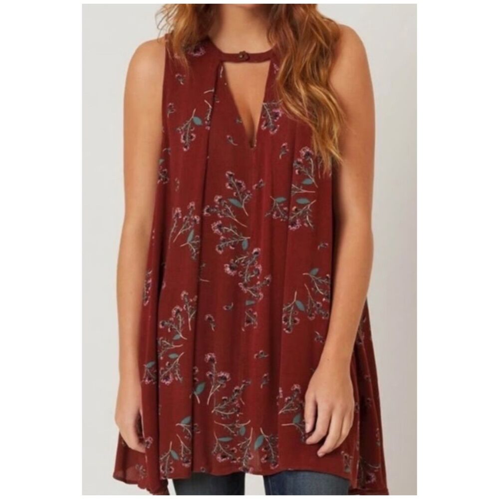 FREE PEOPLE Tree Swing Tunic Burgundy Floral Blouse